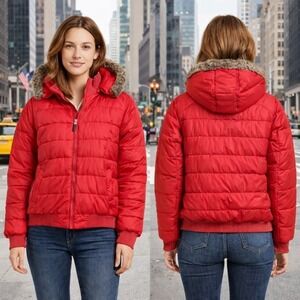Ralph Lauren Polo Jeans Co Red Down Puffer Jacket Faux Fur Hood Womens Large